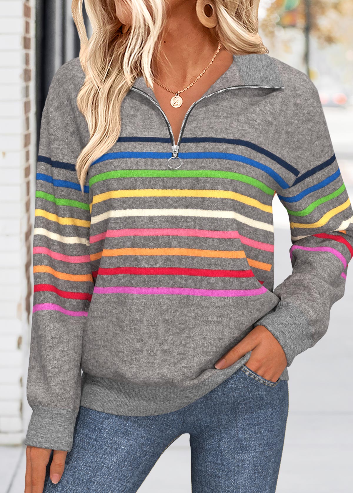 Modlily Dark Grey Tummy Coverage Multi Stripe Print Sweatshirt - M