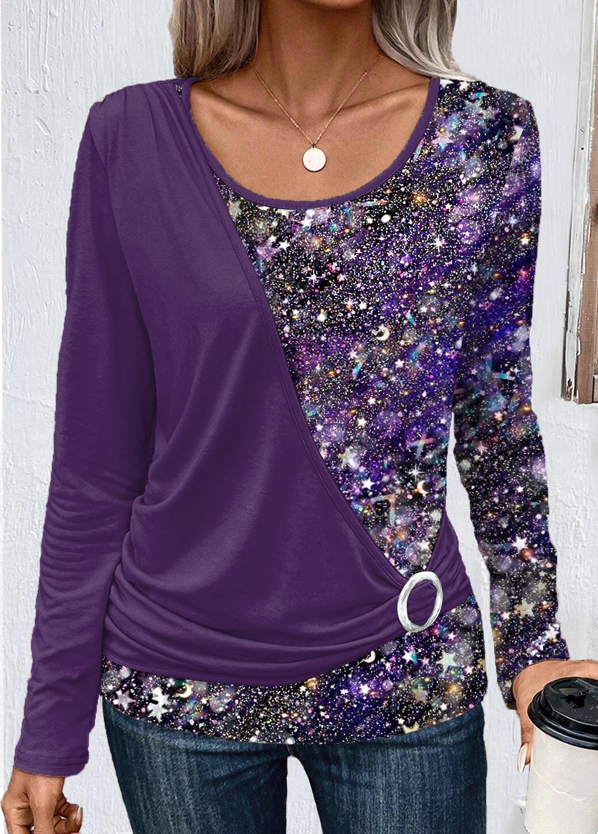 Modlily Dark Purple Patchwork Long Sleeve T Shirt - L