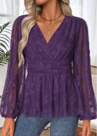 Modlily Dark Purple Peplum Long Sleeve V Neck Blouse - M