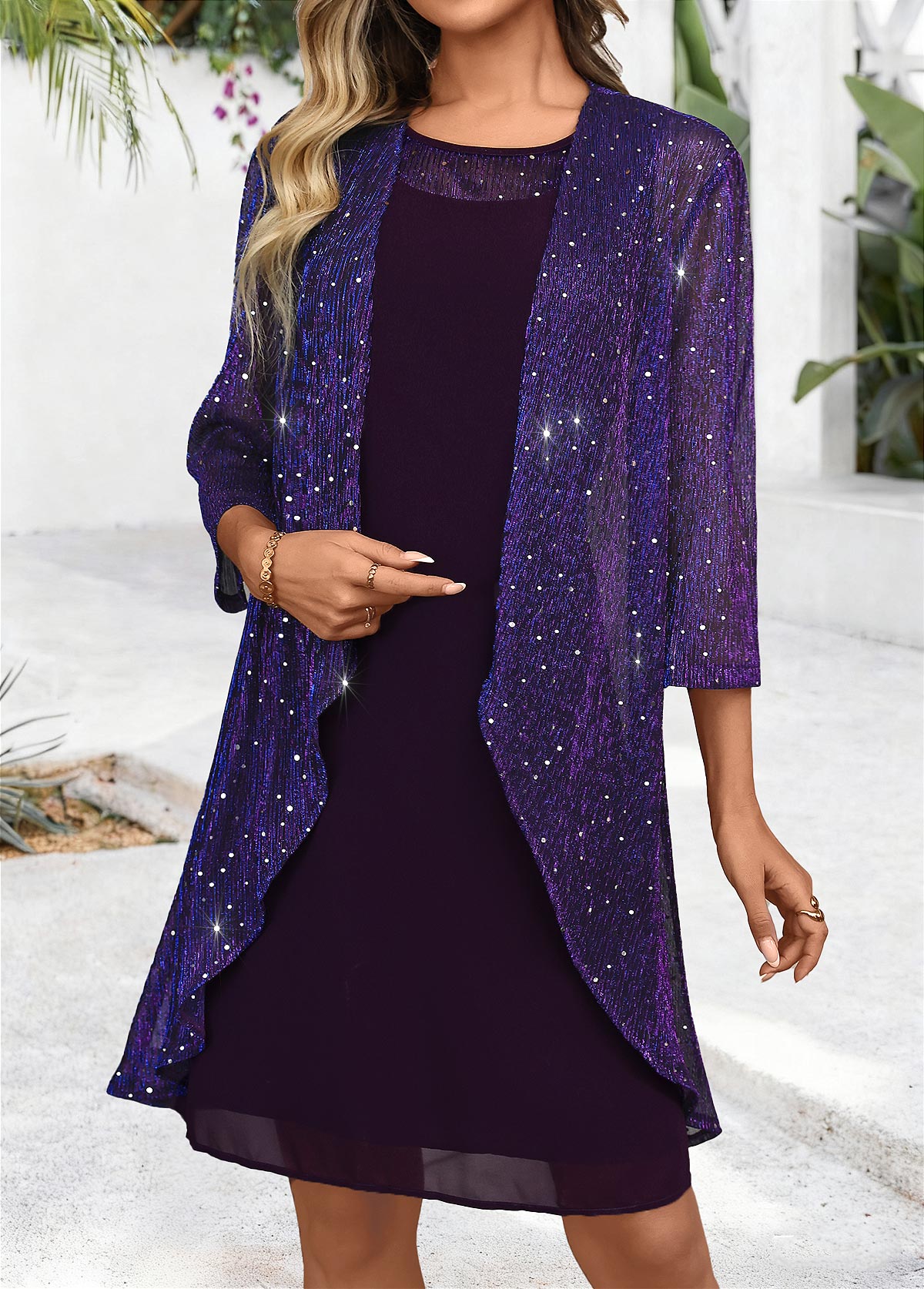 Modlily Dark Purple Tummy Coverage Long Sleeve Dress and Cardigan - S