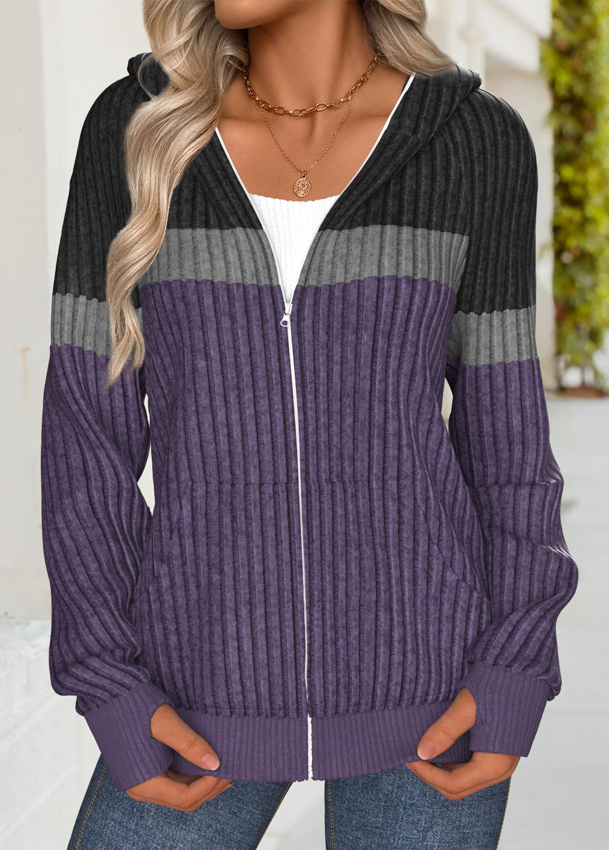 Modlily Dark Purple Tummy Coverage Long Sleeve Hoodie - L