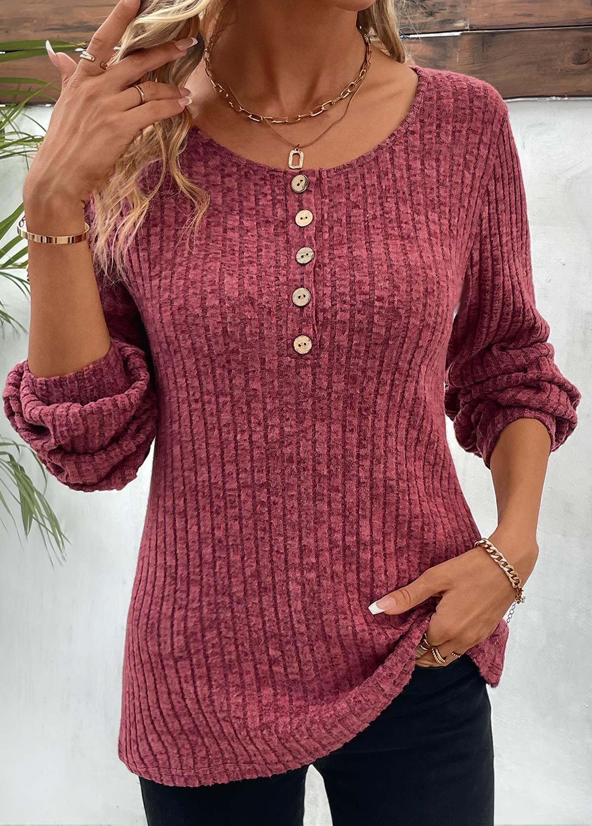 Modlily Dark Reddish Purple Button Long Sleeve T Shirt - L
