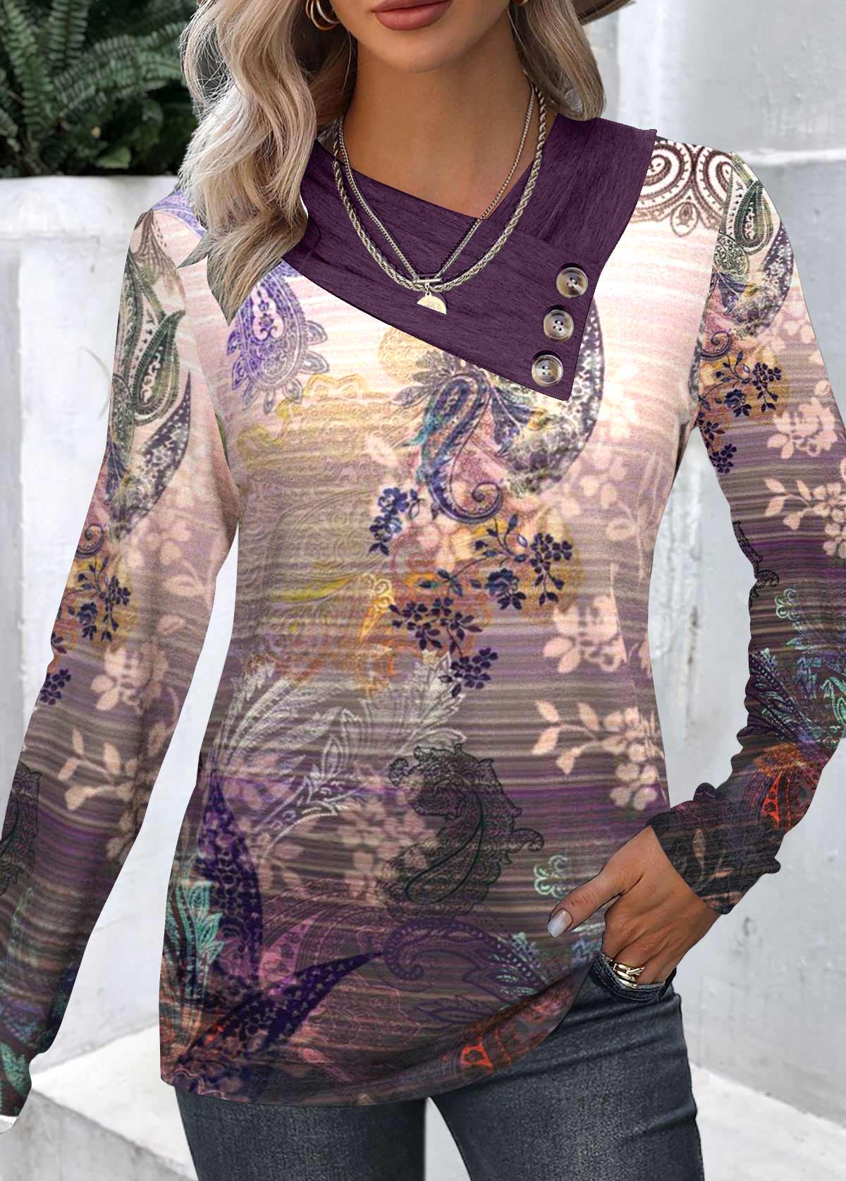 Modlily Dark Reddish Purple Button Paisley Print T Shirt - XXL