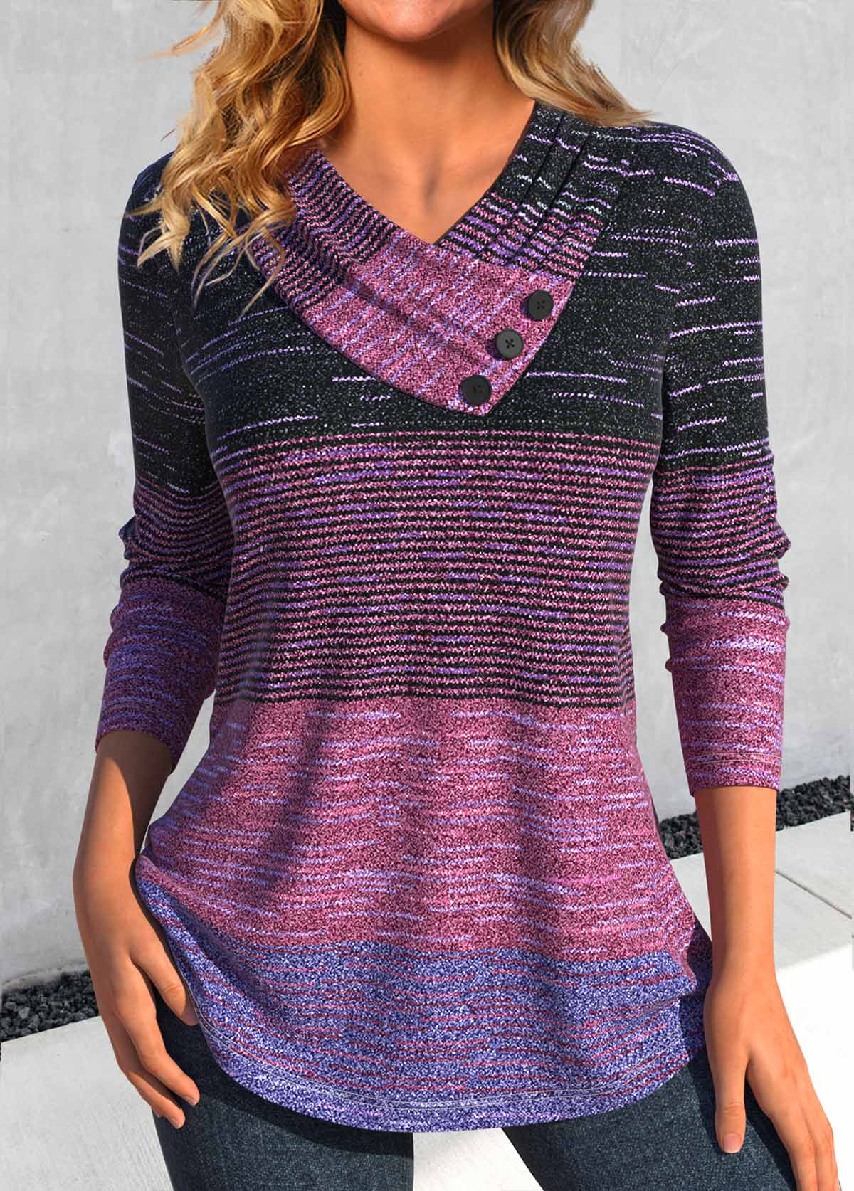 Modlily Dark Reddish Purple Button Striped Long Sleeve T Shirt - L