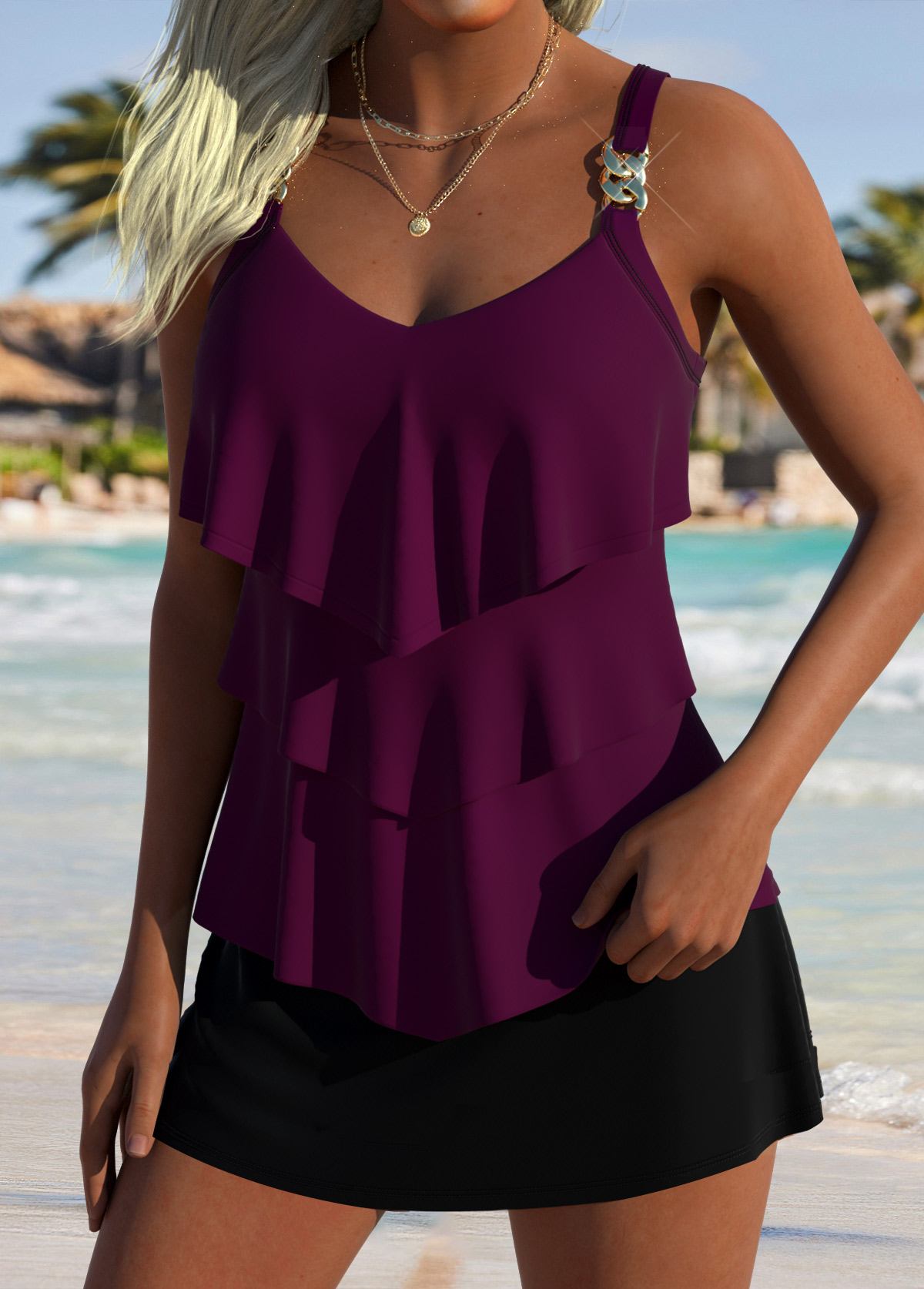 Modlily Dark Reddish Purple Heart Collar Tankini Top - S