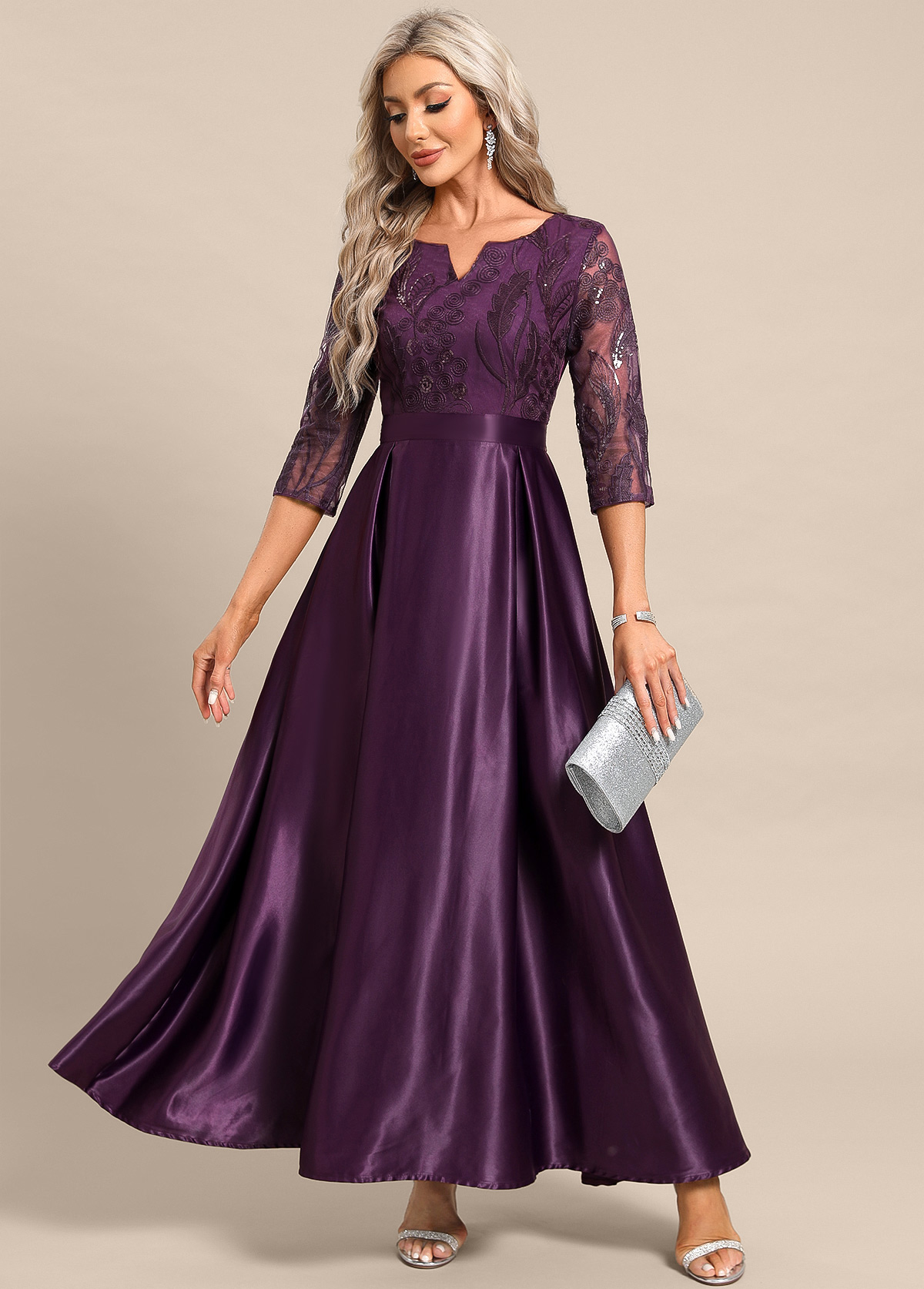 Modlily Dark Reddish Purple Lace Maxi 3/4 Sleeve Dress - S