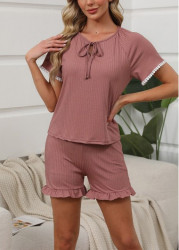 Modlily Dark Reddish Purple Short Sleeve Lounge Top and Shorts - M