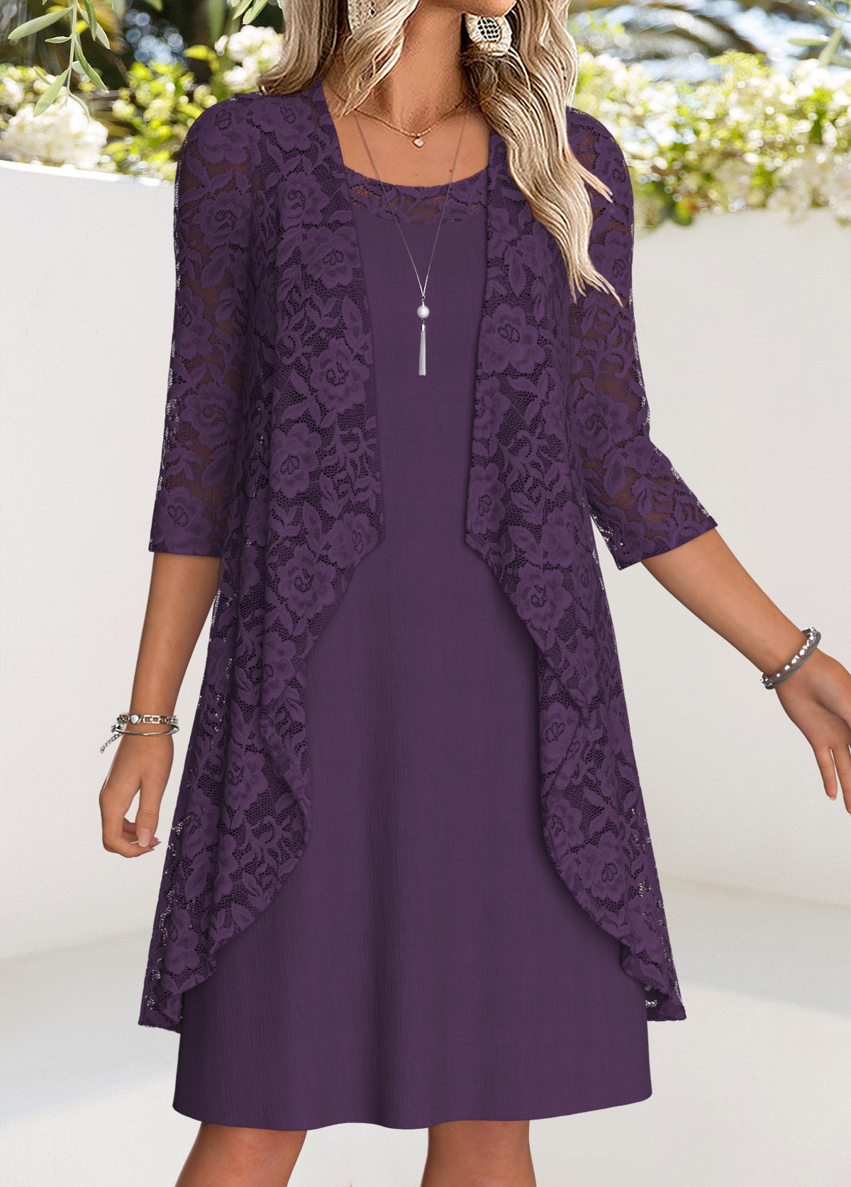 Modlily Dark Reddish Purple Tummy Coverage Dress and Cardigan - S