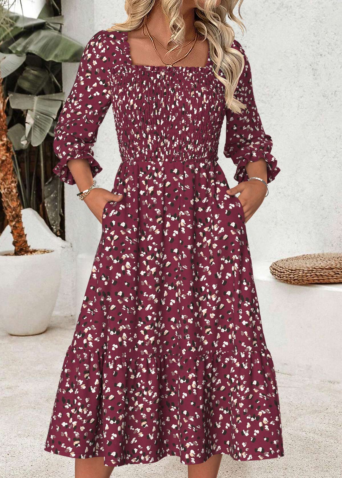 Modlily Dark Reddish Purple Tummy Coverage Leopard 3/4 Sleeve Dress - XL