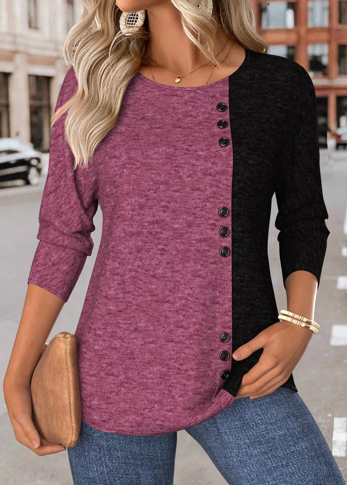 Modlily Dark Reddish Purple Tummy Coverage Long Sleeve T Shirt - XL
