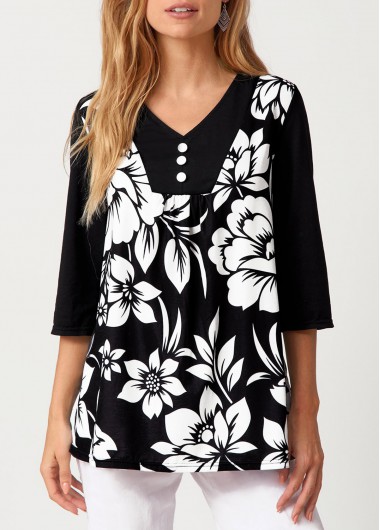 Modlily Decorative Button Floral Print T Shirt - S