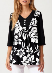 Modlily Decorative Button Floral Print T Shirt - S