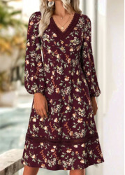 Modlily Deep Red Floral Print Long Sleeve V Neck Dress - S