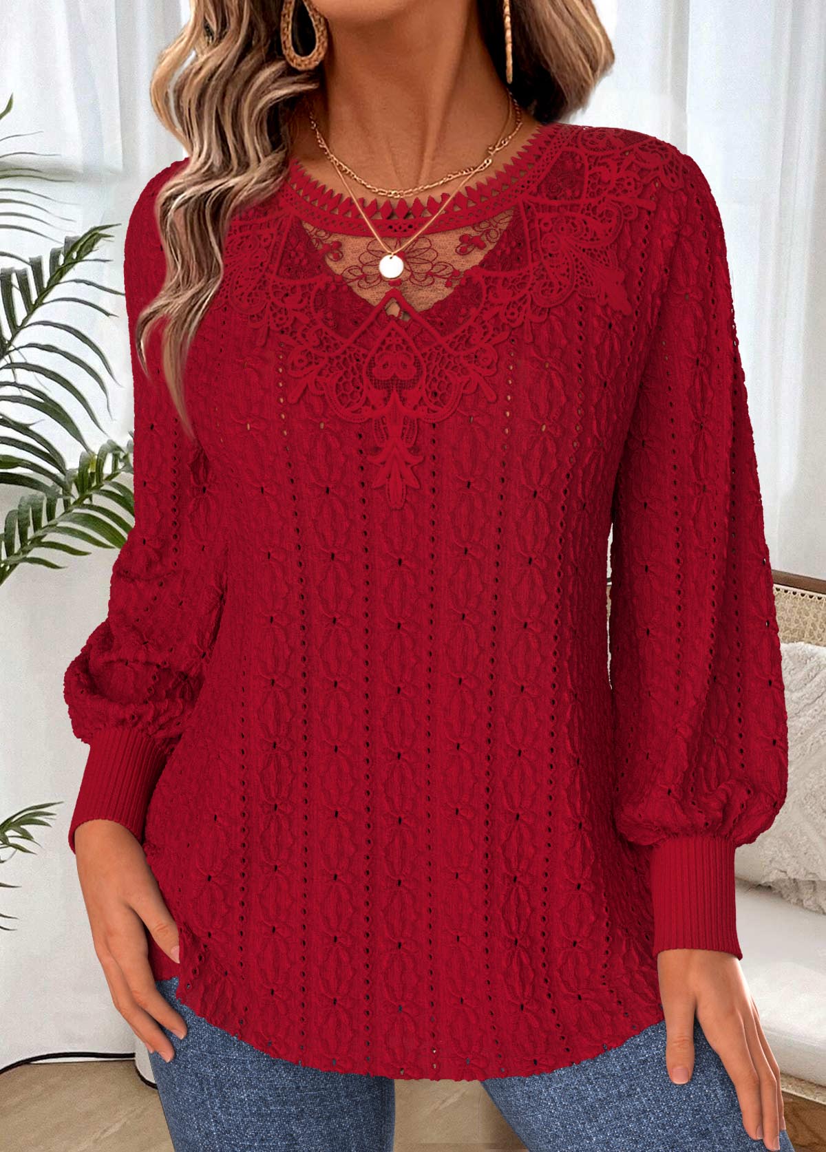 Modlily Deep Red Lace Up Long Sleeve T Shirt - M