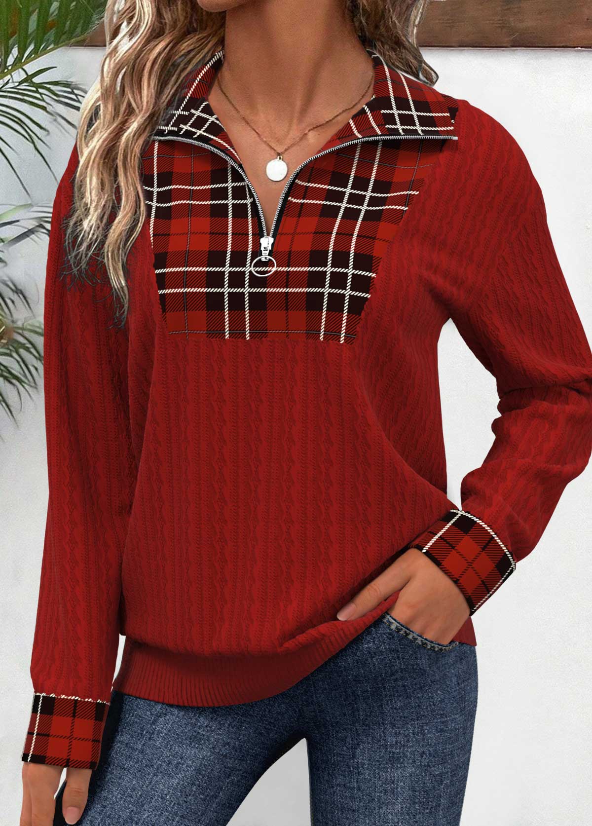 Modlily Deep Red Patchwork Plaid Long Sleeve Sweatshirt - XL