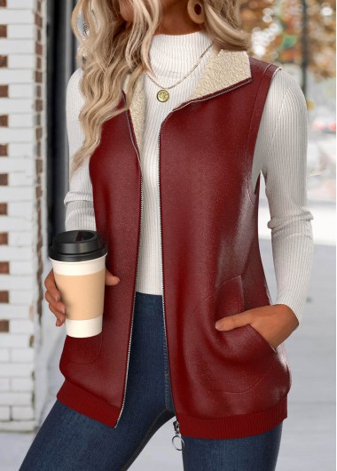 Modlily Deep Red Patchwork Sleeveless Stand Collar Waistcoat - L