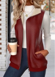 Modlily Deep Red Patchwork Sleeveless Stand Collar Waistcoat - L