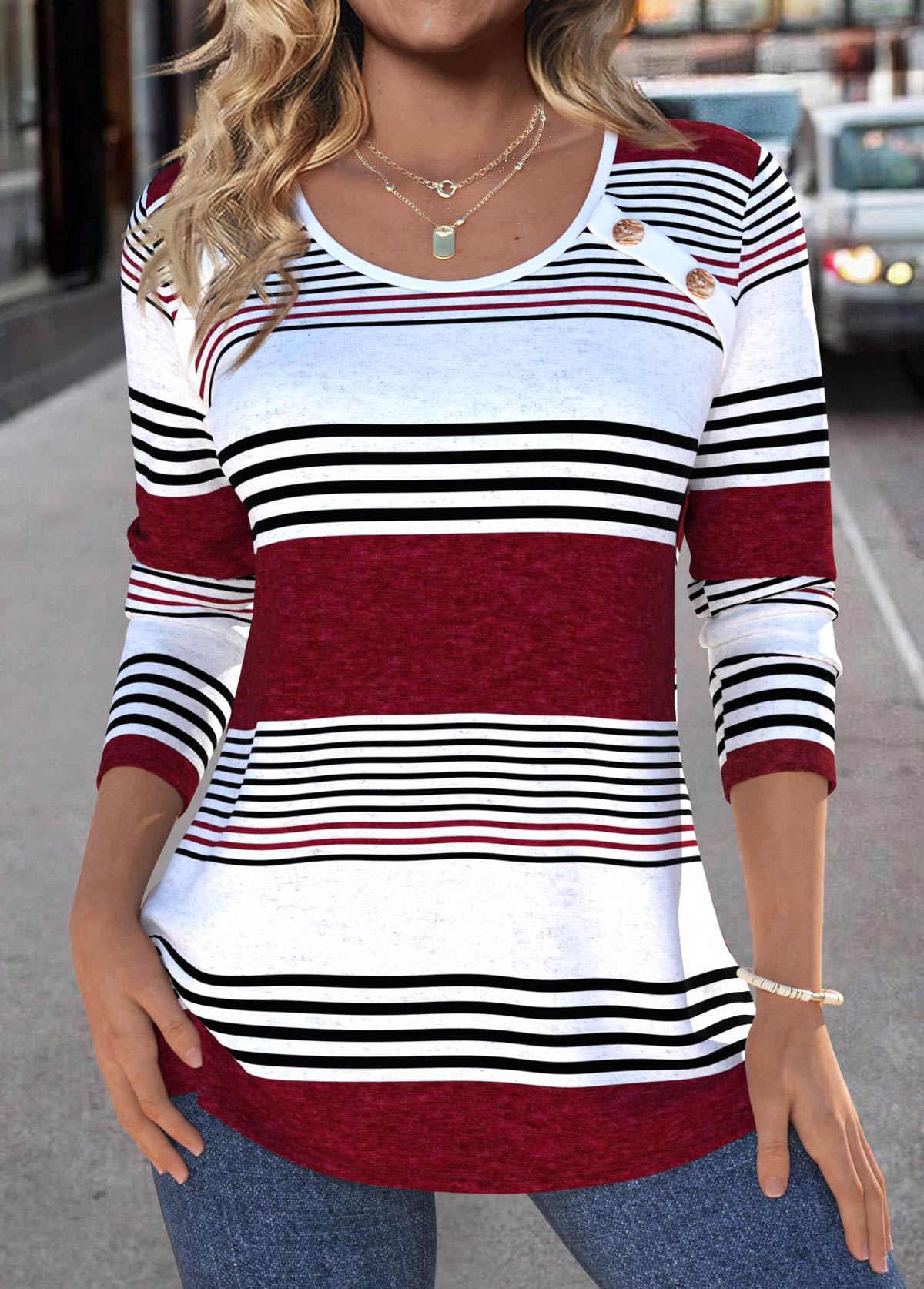 Modlily Deep Red Patchwork Striped Long Sleeve T Shirt - M