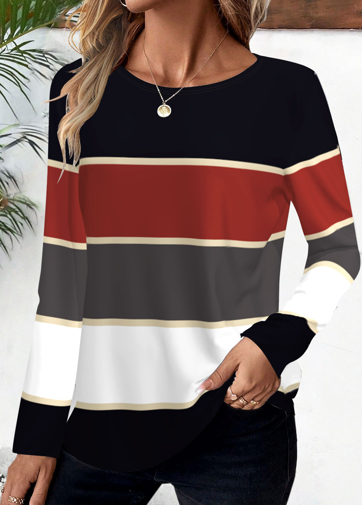 Modlily Deep Red Striped Long Sleeve Round Neck T Shirt - L
