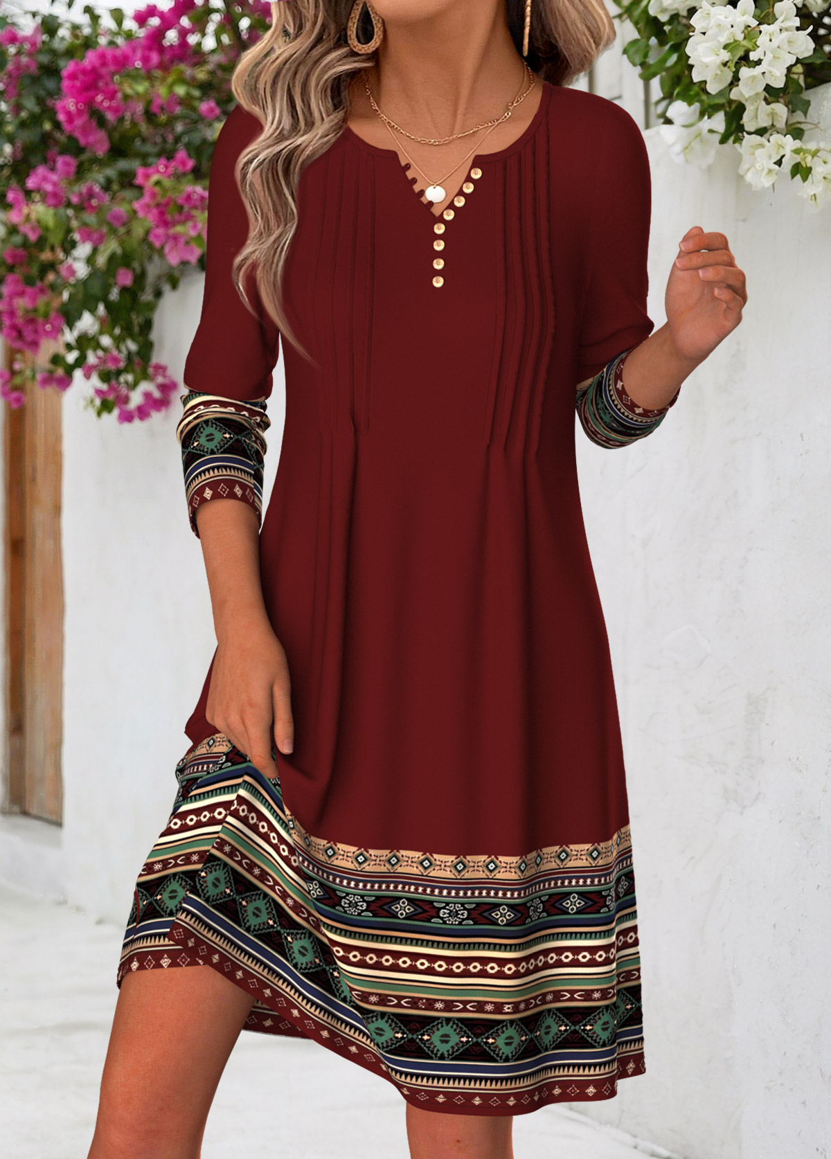Modlily Deep Red Tribal Print Short Tuck Stitch Dress - S