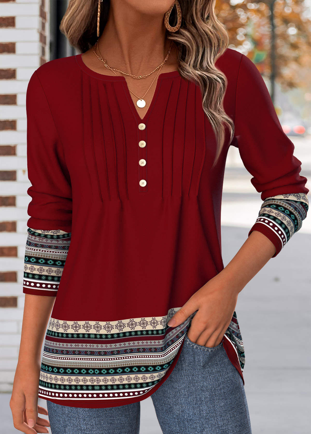 Modlily Deep Red Tribal Print Tuck Stitch T Shirt - S
