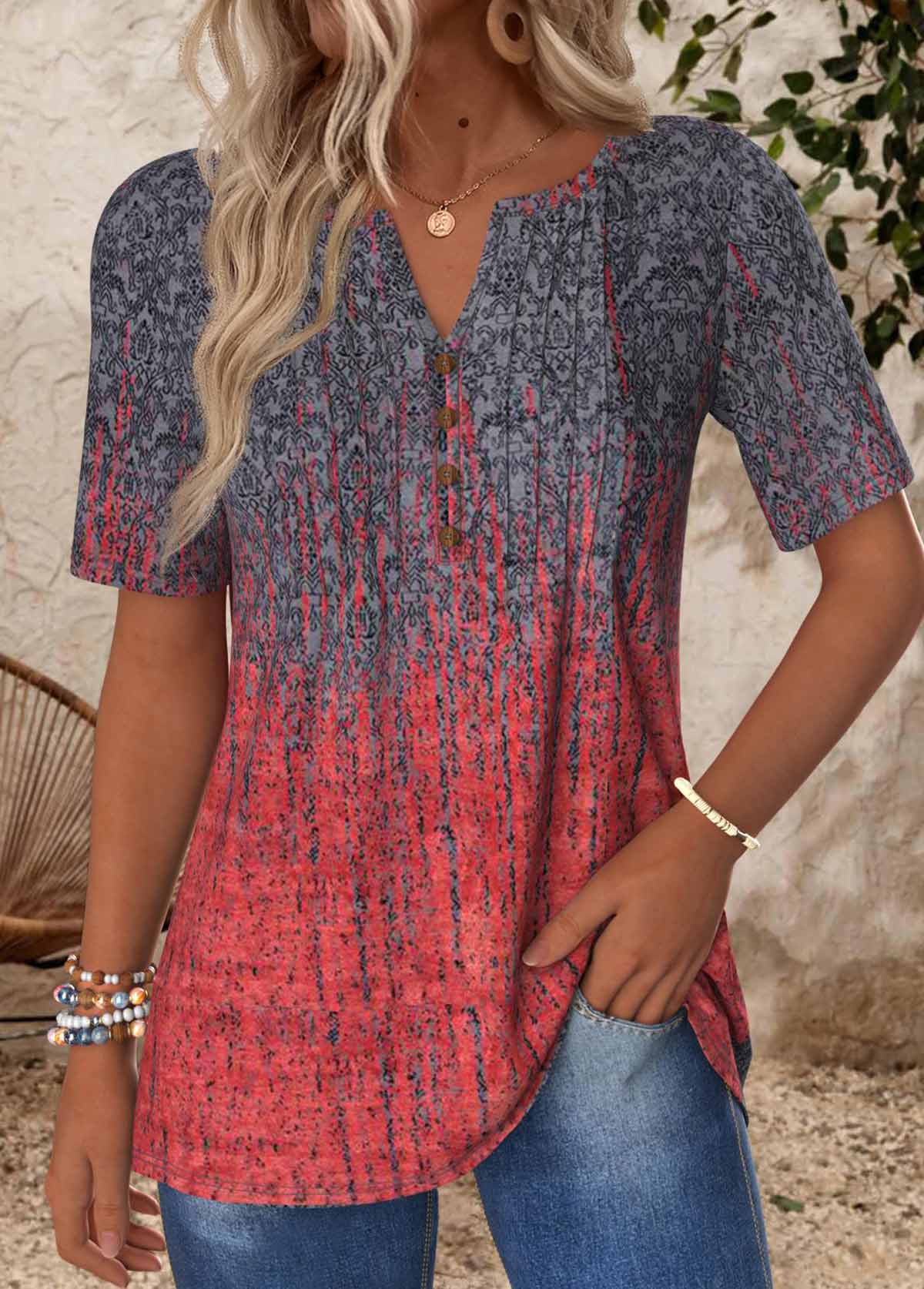 Modlily Deep Red Tuck Stitch Ombre Short Sleeve T Shirt - S