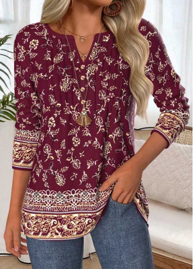 Modlily Deep Red Tummy Coverage Floral Print T Shirt - M