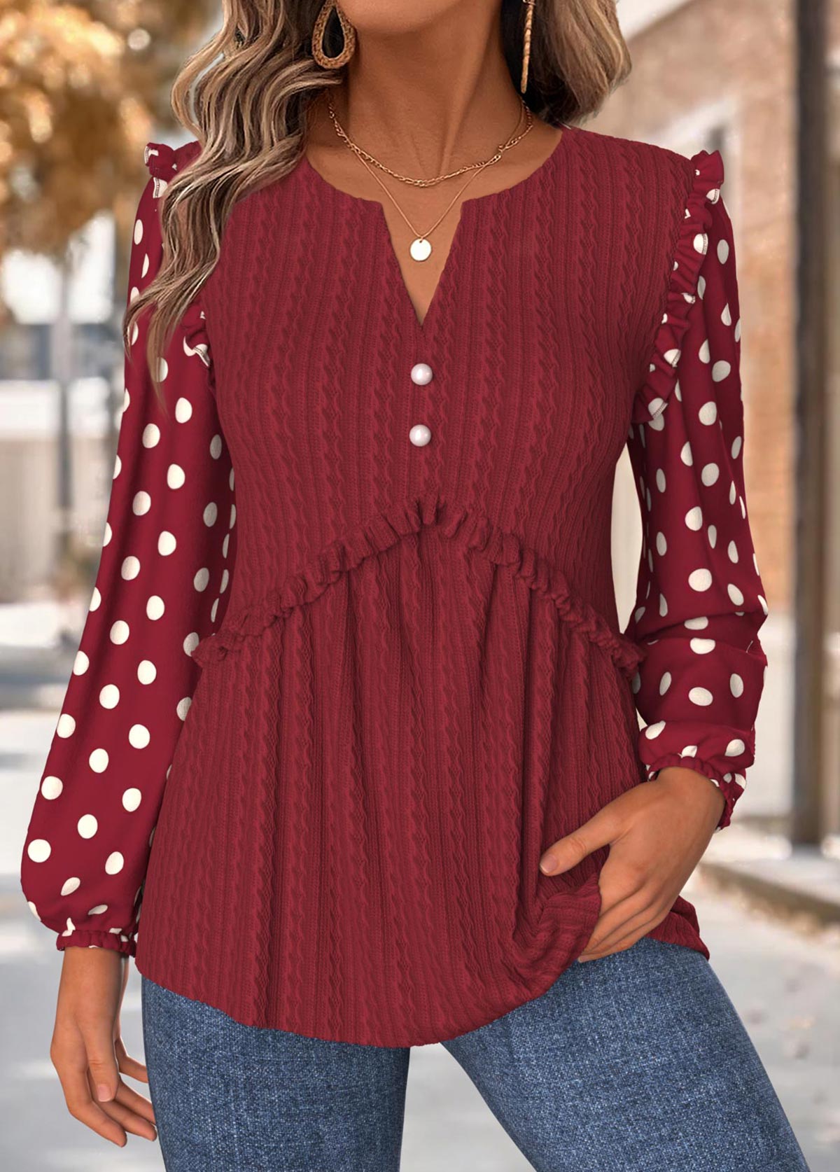 Modlily Deep Red Tummy Coverage Geometric Print Long Sleeve Blouse - M