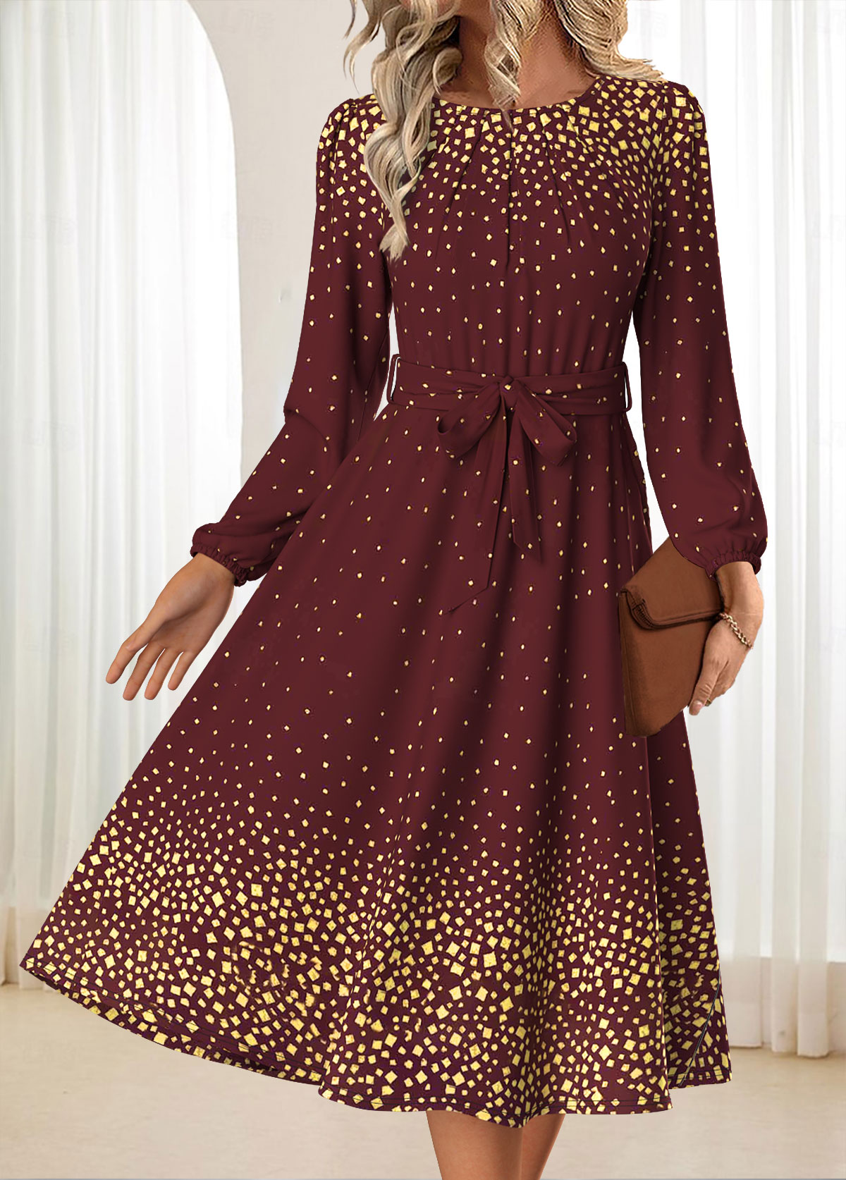 Modlily Deep Red Tummy Coverage Ombre Belted Long Sleeve Dress - XXL