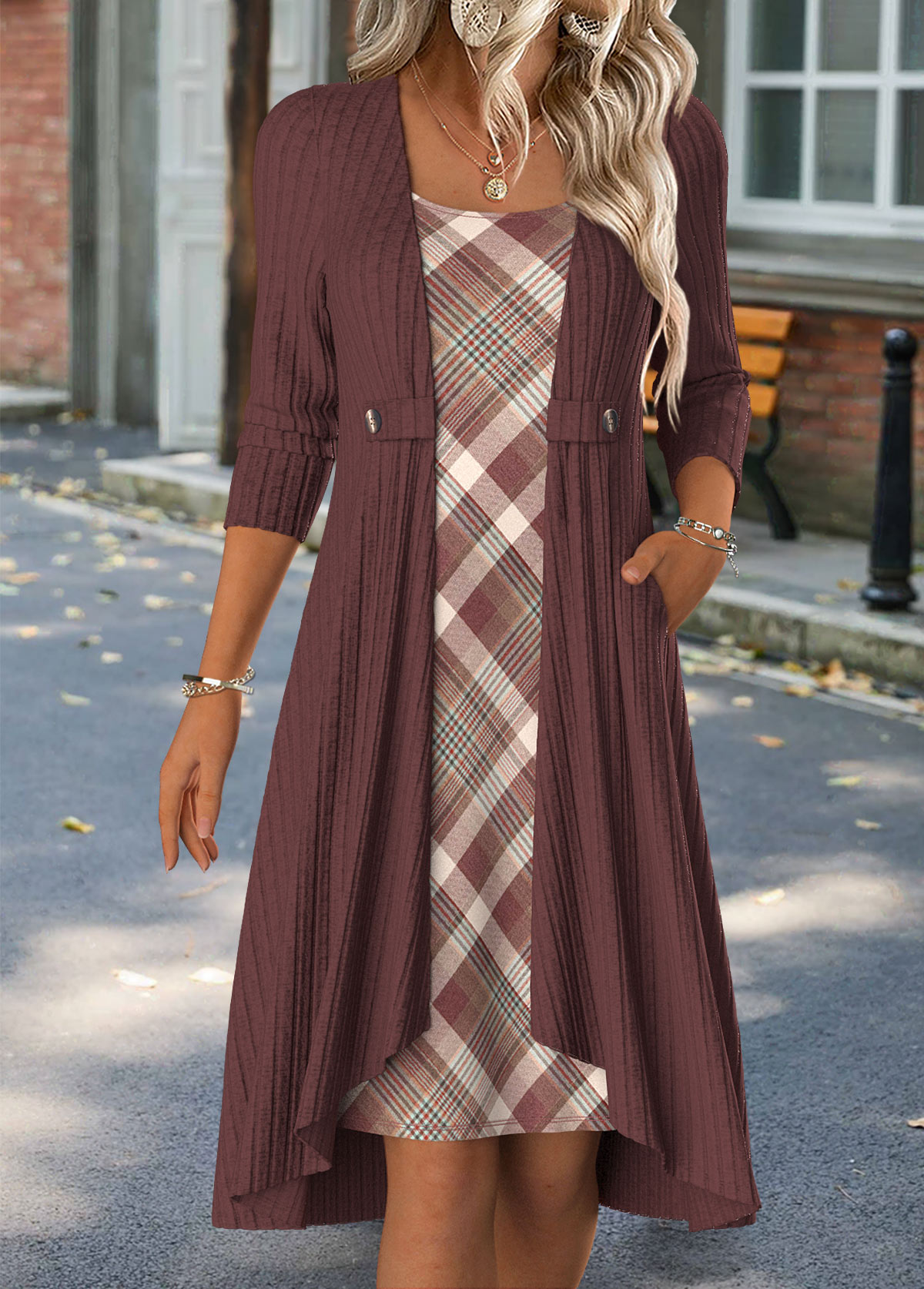 Modlily Deep Red Tummy Coverage Plaid Short Long Sleeve Dress - S