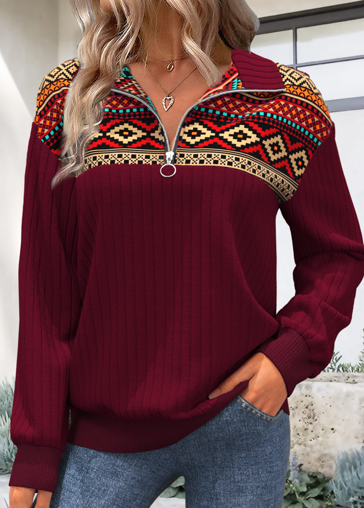 Modlily Deep Red Zipper Tribal Print Long Sleeve Sweatshirt - M