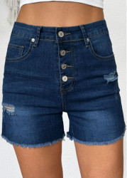 Modlily Denim Blue Button Fly High Waisted Denim Shorts - 2XL