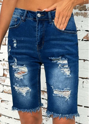 Modlily Denim Blue Button Fly High Waisted Shorts - 2XL