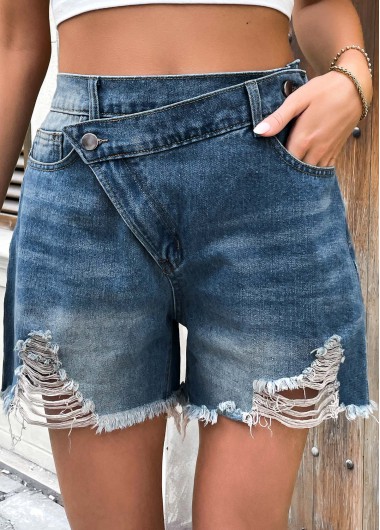 Modlily Denim Blue Button Fly High Waisted Shorts - L
