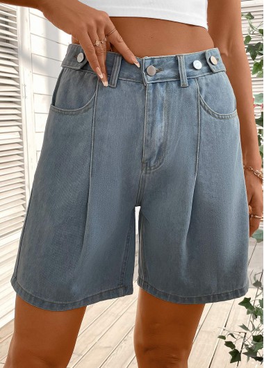 Modlily Denim Blue Button Straight Leg High Waisted Shorts - M
