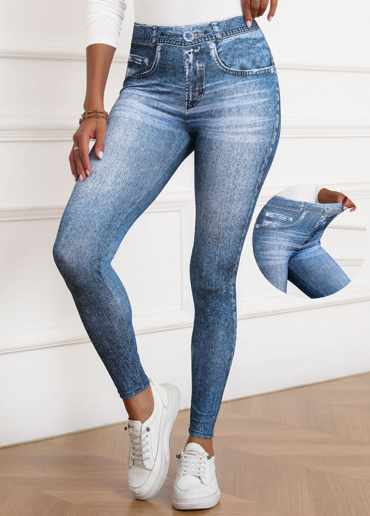 Modlily Denim Blue Denim-effect Print Skinny Elastic Waist Pants - M