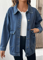 Modlily Denim Blue Double Side Pockets Long Sleeve Coat - S