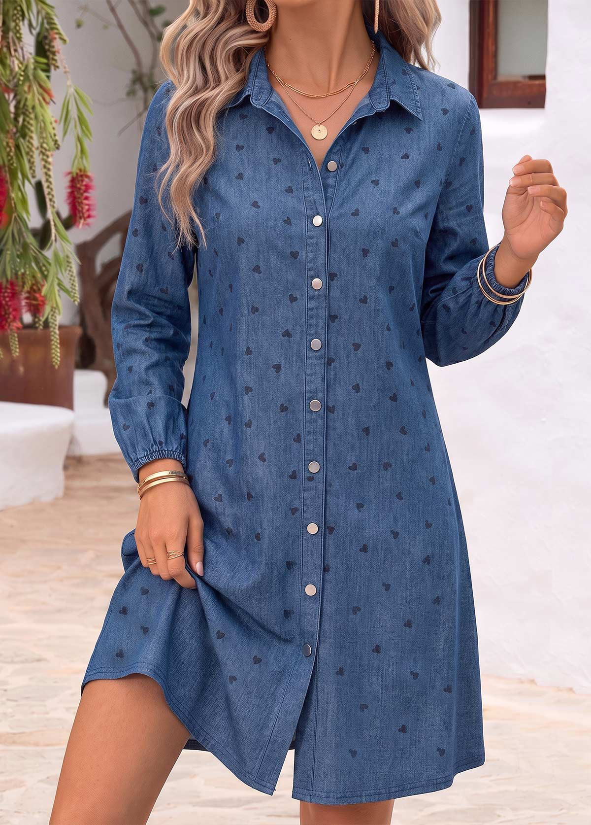 Modlily Denim Blue Geometric Print Short Tummy Coverage Dress - M
