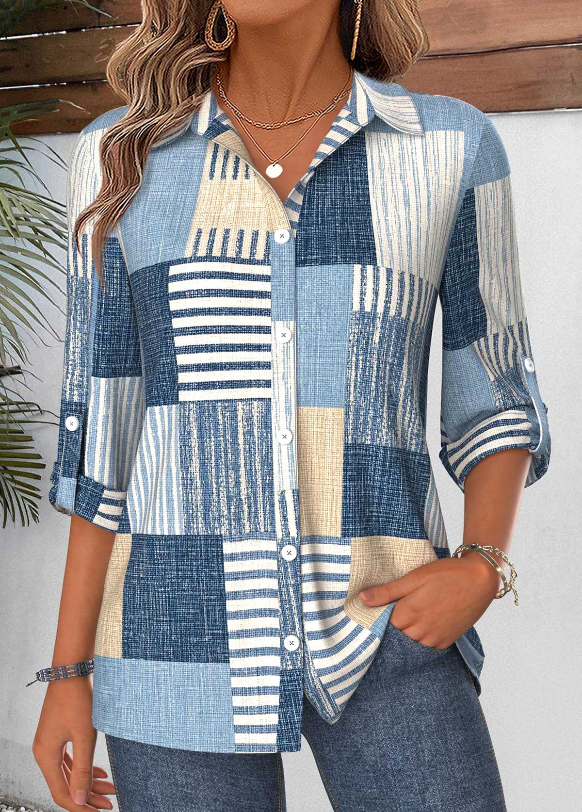 Modlily Denim Blue Geometric Print Tummy Coverage 3/4 Sleeve Shirt - M
