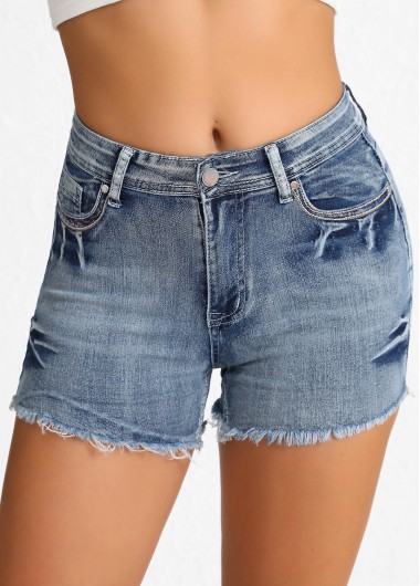 Modlily Denim Blue Ombre Straight Leg Button Fly Shorts - S