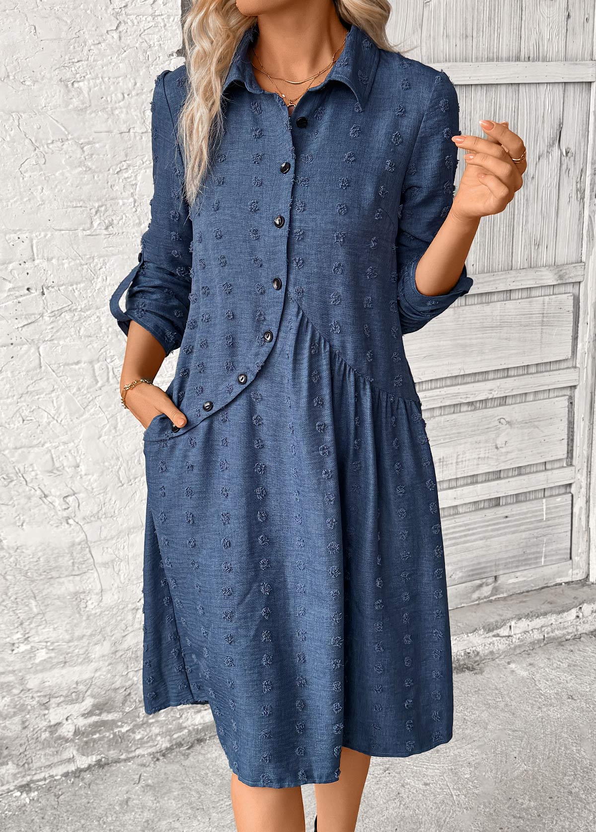 Modlily Denim Blue Patchwork A Line Long Sleeve Dress - XL