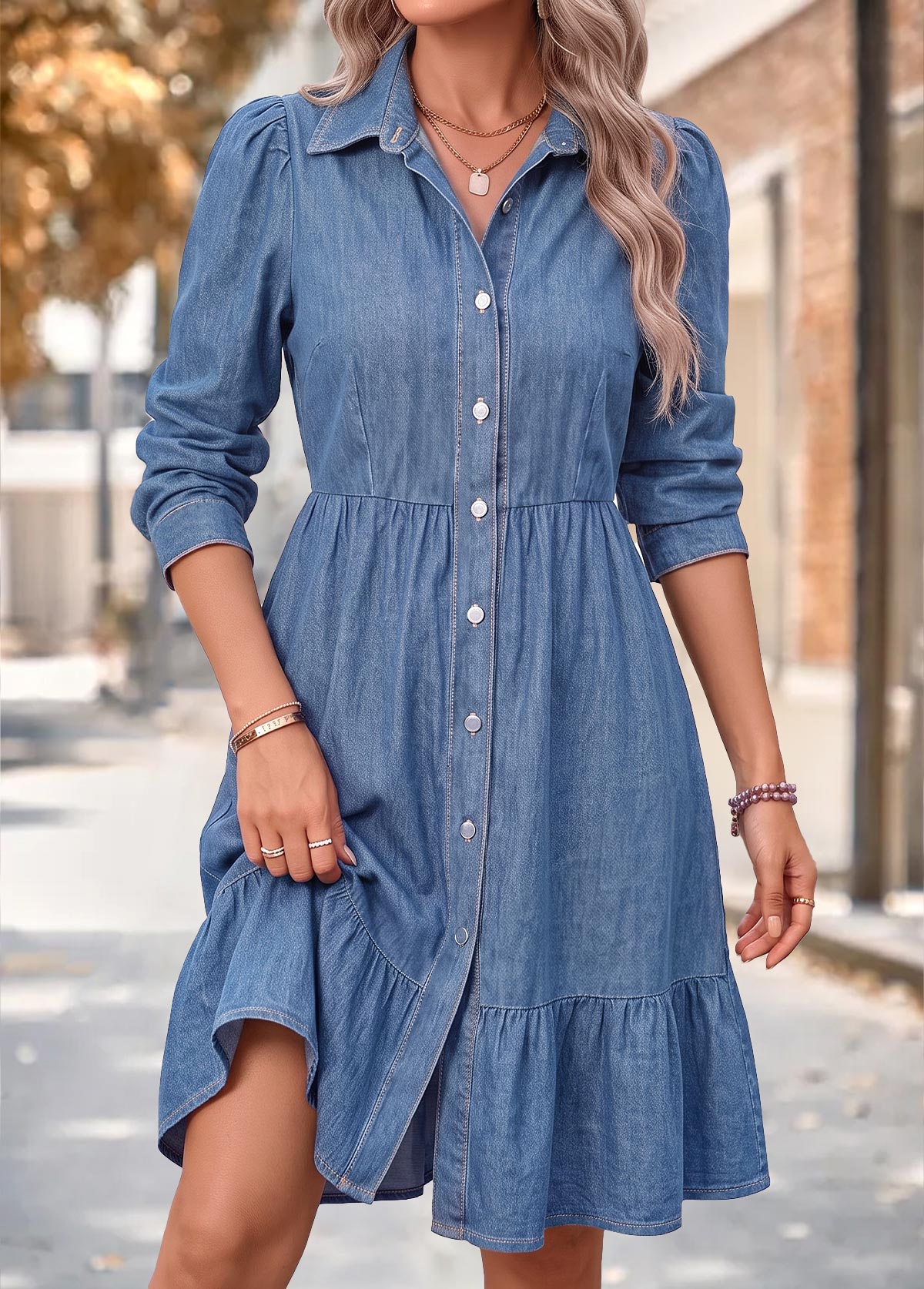Modlily Denim Blue Patchwork Long Sleeve Shirt Collar Dress - M