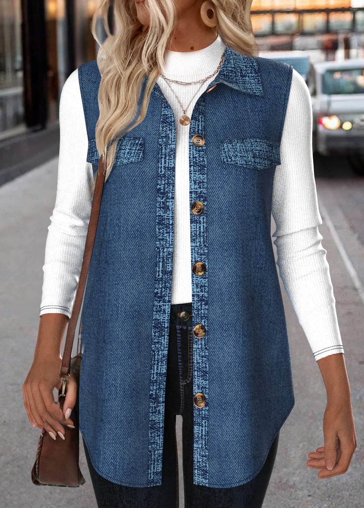 Modlily Denim Blue Patchwork Sleeveless Shirt Collar Waistcoat - XXL