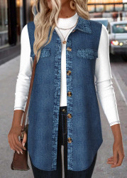 Modlily Denim Blue Patchwork Sleeveless Shirt Collar Waistcoat - XXL