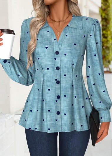 Modlily Denim Blue Peplum Denim-effect Print Long Sleeve Shirt - M