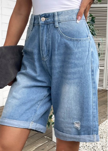 Modlily Denim Blue Pocket Button Fly High Waisted Shorts - S