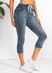 Modlily Denim Blue Pocket Regular Elastic Waist High Waisted Jeans - L