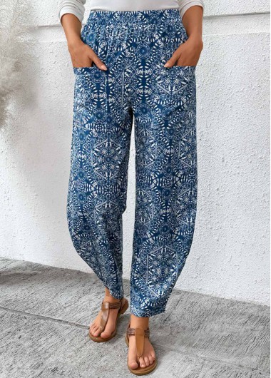Modlily Denim Blue Pocket Tribal Print Jogger Elastic Waist Pants - S