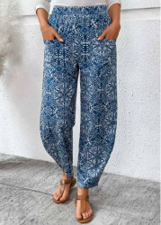 Modlily Denim Blue Pocket Tribal Print Jogger Elastic Waist Pants - S
