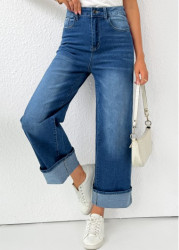 Modlily Denim Blue Pocket Wide Leg Button Fly Pants - S